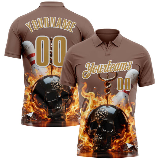 Custom Brown Old Gold-White 3D Flame Skull Bowling Performance Polo Shirt - Main View