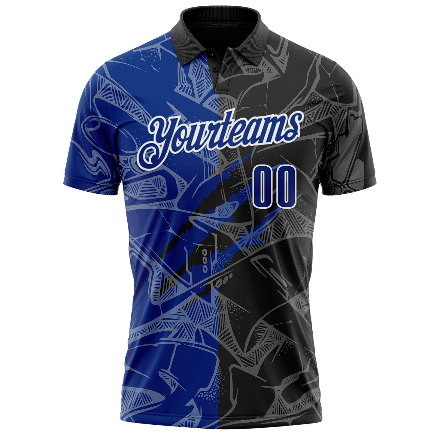 Custom Graffiti Pattern Royal Black-White 3D Scratch Performance Polo Shirt view 2