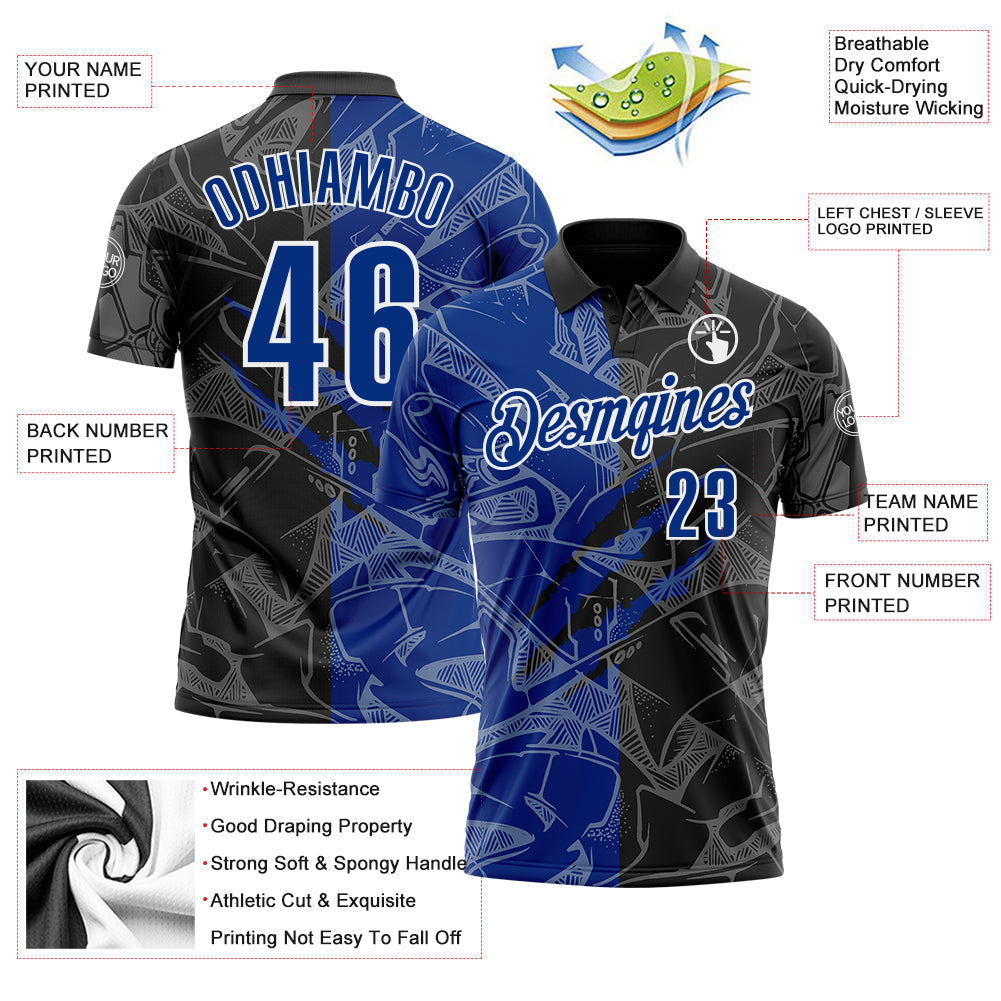 Custom Graffiti Pattern Royal Black-White 3D Scratch Performance Polo Shirt view 3