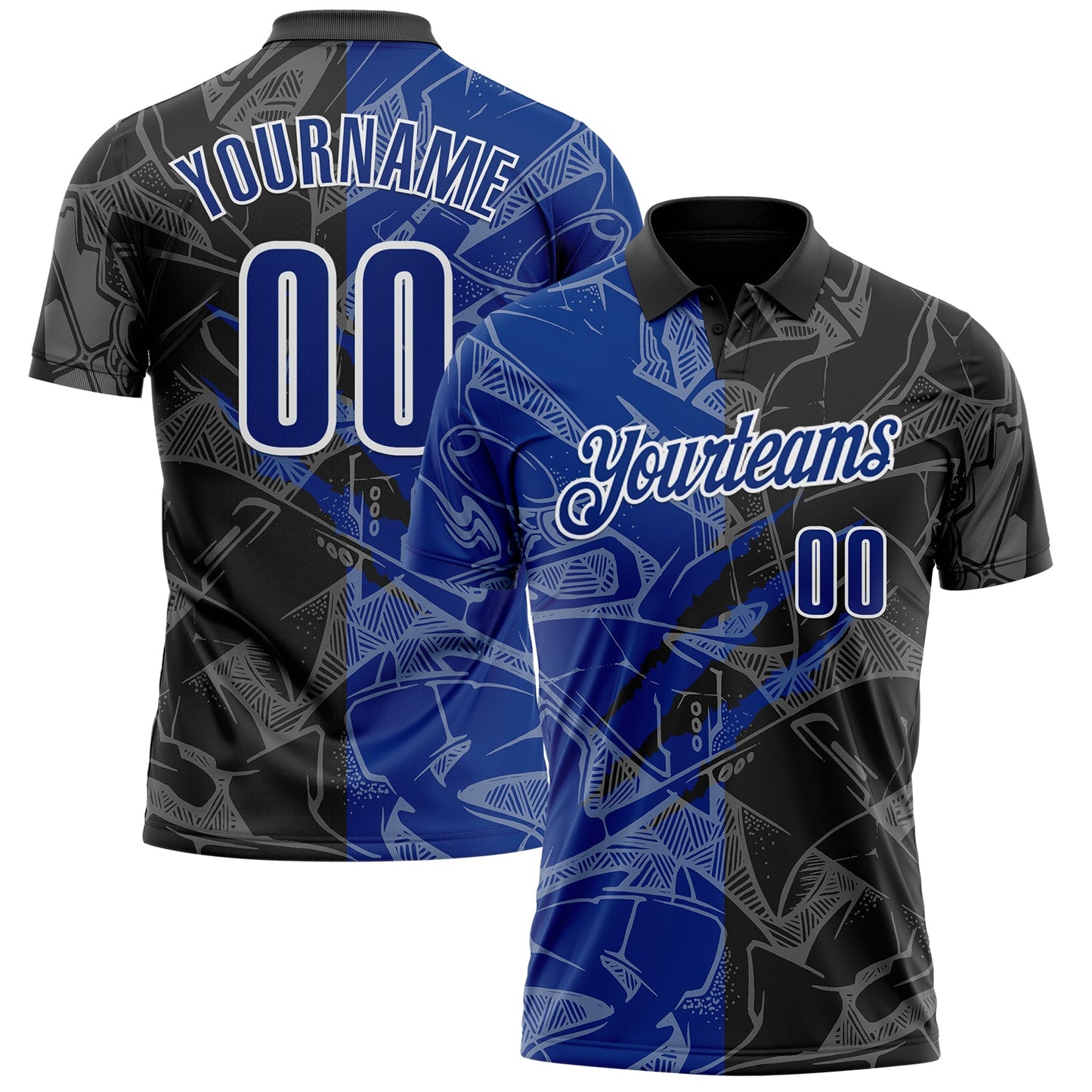 Custom Graffiti Pattern Royal Black-White 3D Scratch Performance Polo Shirt - Main View