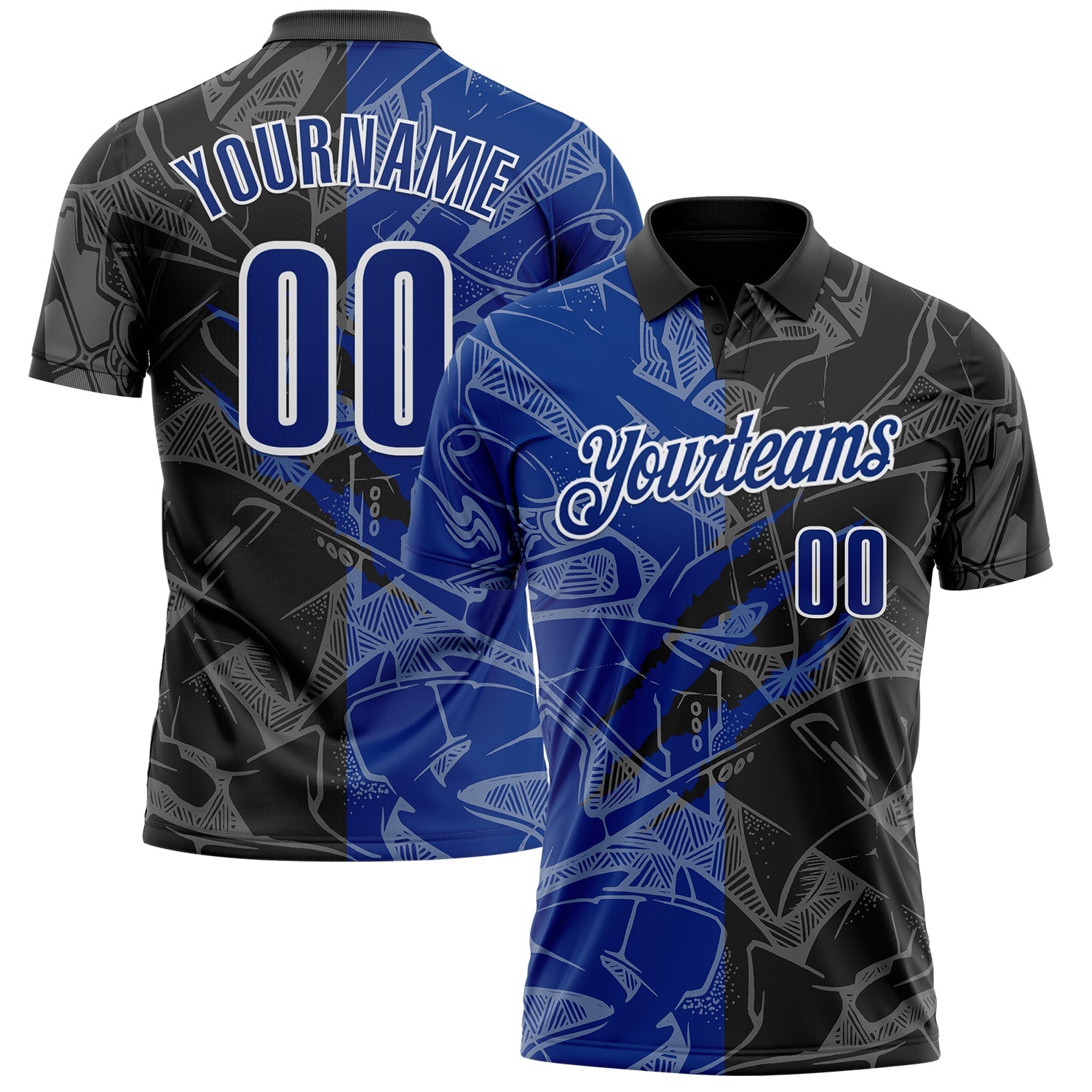 Custom Graffiti Pattern Royal Black-White 3D Scratch Performance Polo Shirt - Main View