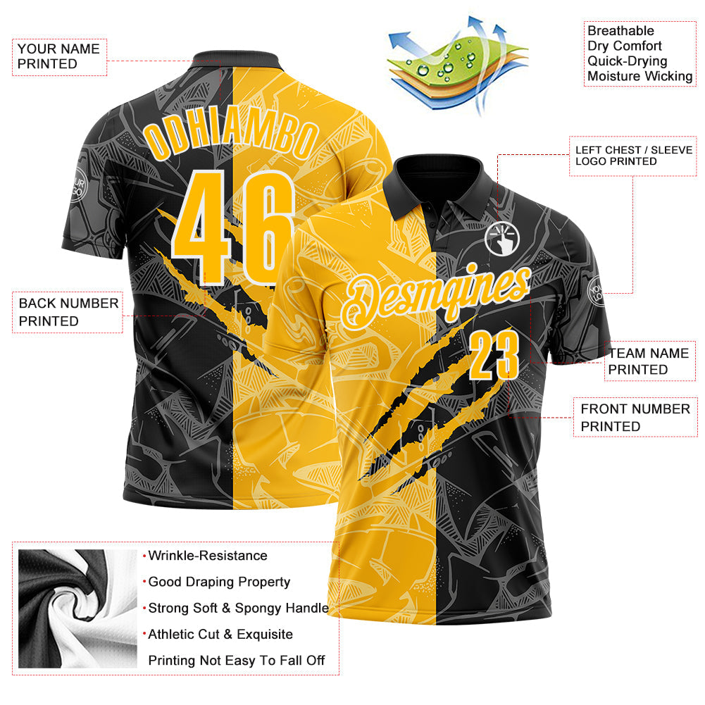 Custom Graffiti Pattern Gold Black-White 3D Scratch Performance Polo Shirt view 3