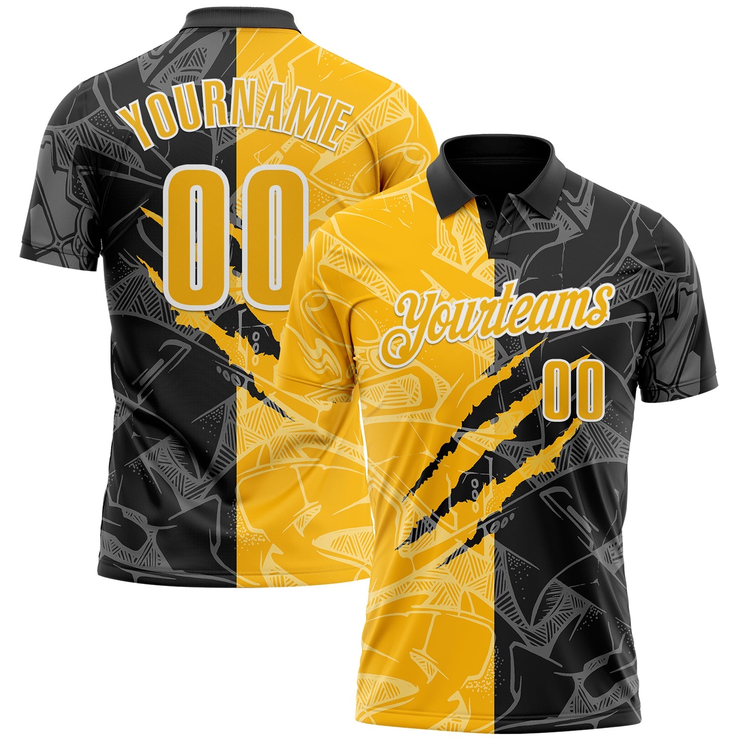 Custom Graffiti Pattern Gold Black-White 3D Scratch Performance Polo Shirt - Main View