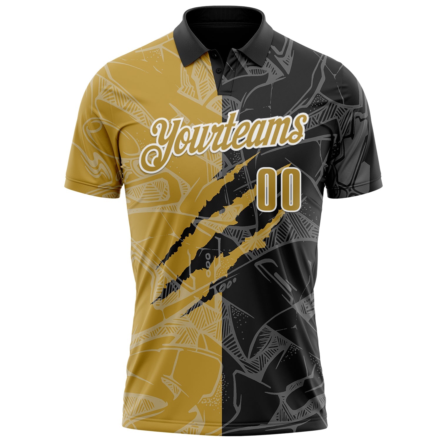 Custom Graffiti Pattern Old Gold Black-White 3D Scratch Performance Polo Shirt view 2