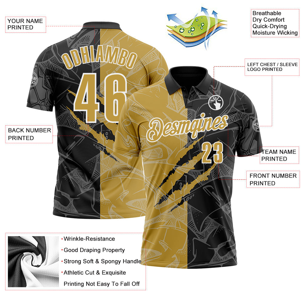 Custom Graffiti Pattern Old Gold Black-White 3D Scratch Performance Polo Shirt view 3