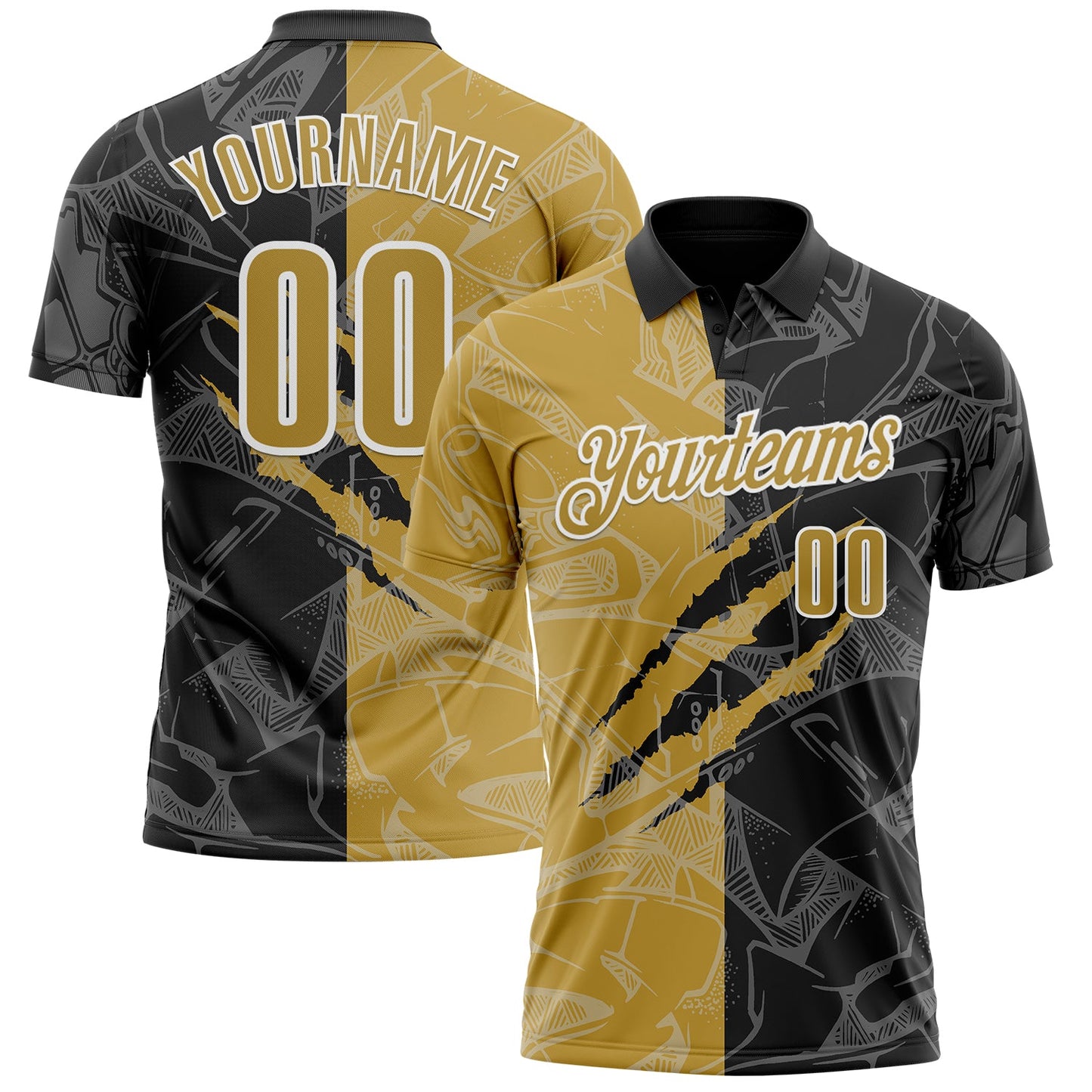 Custom Graffiti Pattern Old Gold Black-White 3D Scratch Performance Polo Shirt - Main View