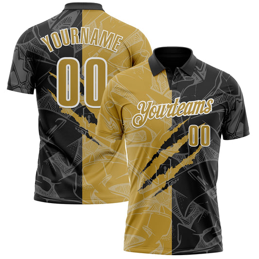 Custom Graffiti Pattern Old Gold Black-White 3D Scratch Performance Polo Shirt - Main View