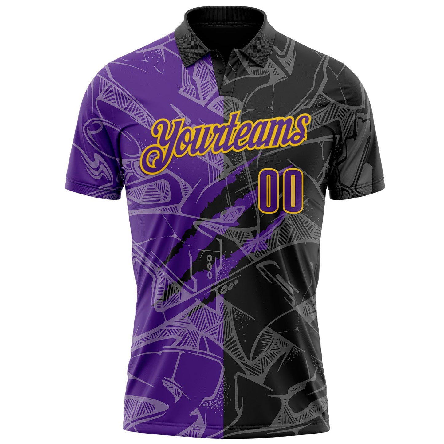 Custom Graffiti Pattern Purple Black-Yellow 3D Scratch Performance Polo Shirt view 2