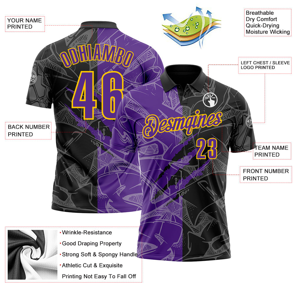 Custom Graffiti Pattern Purple Black-Yellow 3D Scratch Performance Polo Shirt view 3