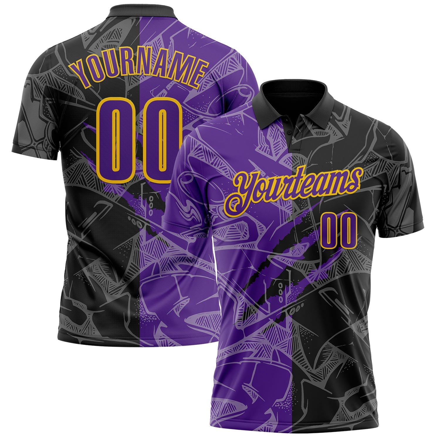 Custom Graffiti Pattern Purple Black-Yellow 3D Scratch Performance Polo Shirt - Main View
