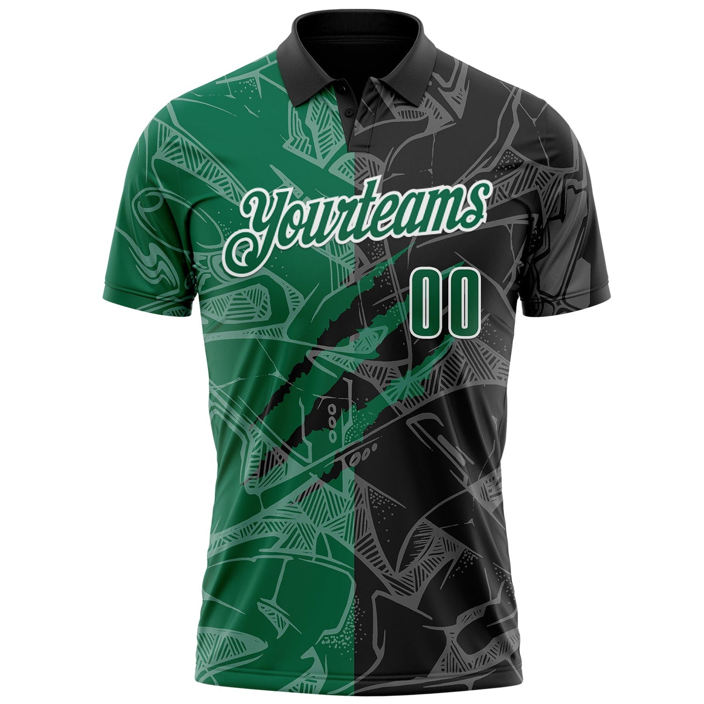 Custom Graffiti Pattern Kelly Green Black-White 3D Scratch Performance Polo Shirt view 2