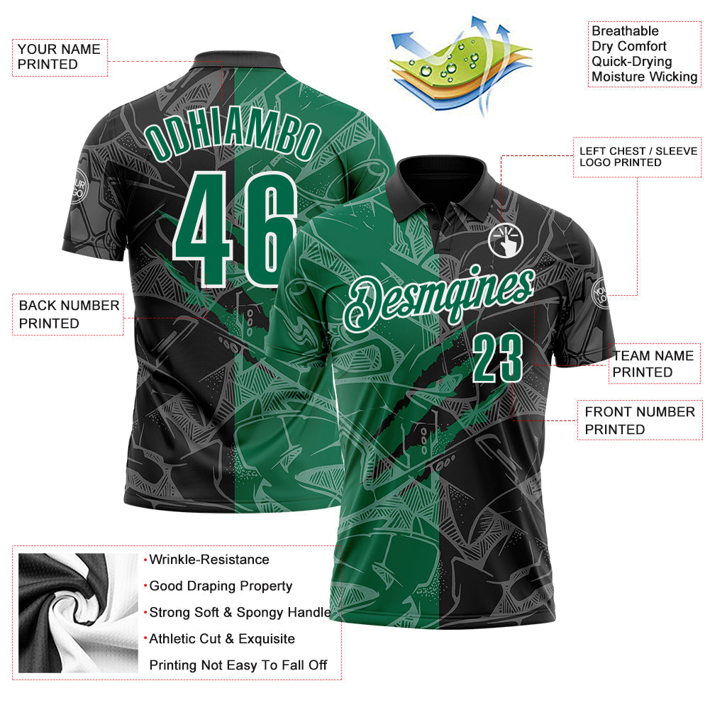 Custom Graffiti Pattern Kelly Green Black-White 3D Scratch Performance Polo Shirt view 3