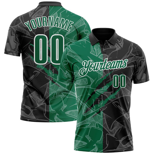 Custom Graffiti Pattern Kelly Green Black-White 3D Scratch Performance Polo Shirt - Main View