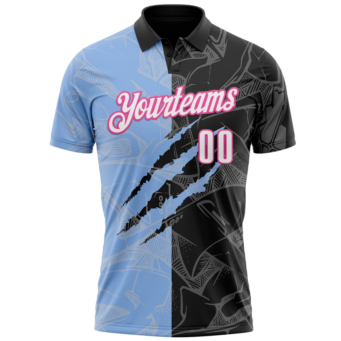 Custom Graffiti Pattern White Black Light Blue-Pink 3D Scratch Performance Polo Shirt view 2