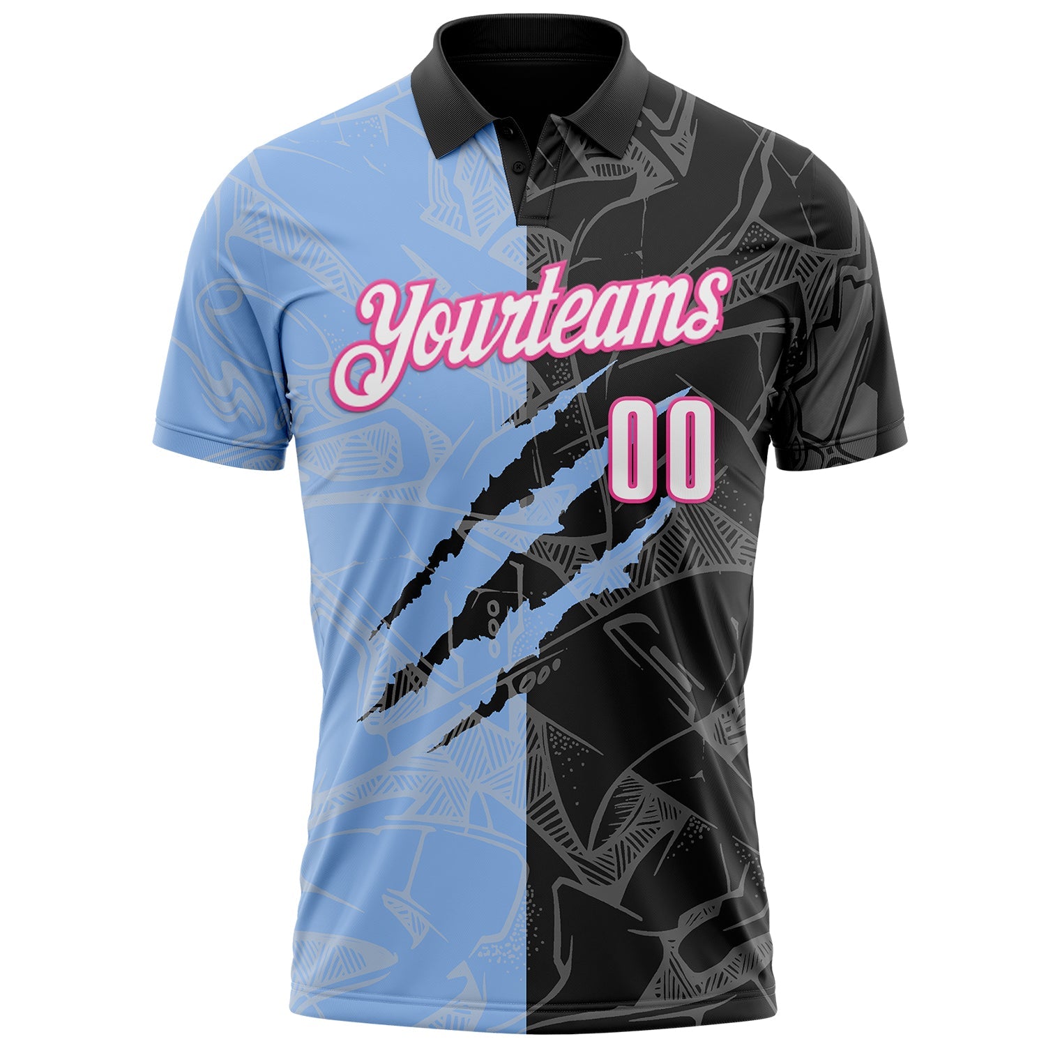 Custom Graffiti Pattern White Black Light Blue-Pink 3D Scratch Performance Polo Shirt view 2