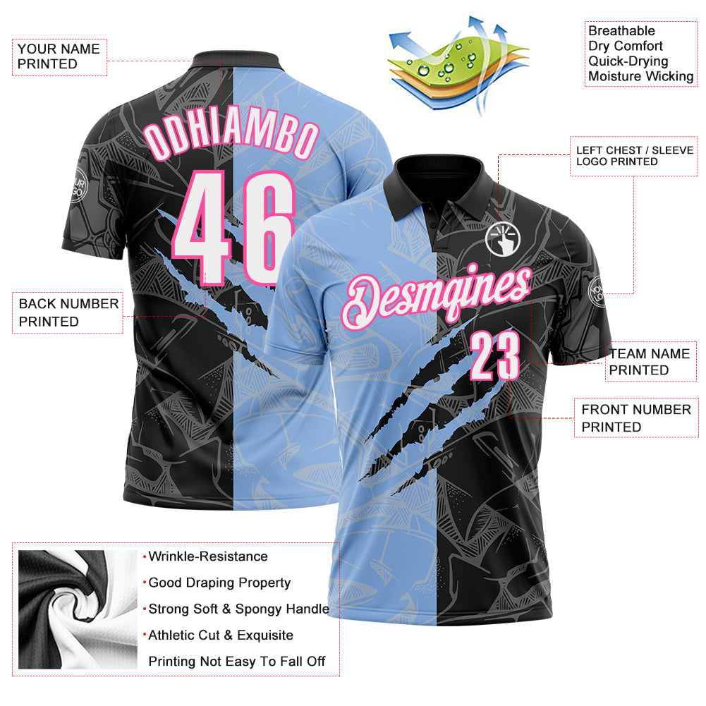 Custom Graffiti Pattern White Black Light Blue-Pink 3D Scratch Performance Polo Shirt view 3