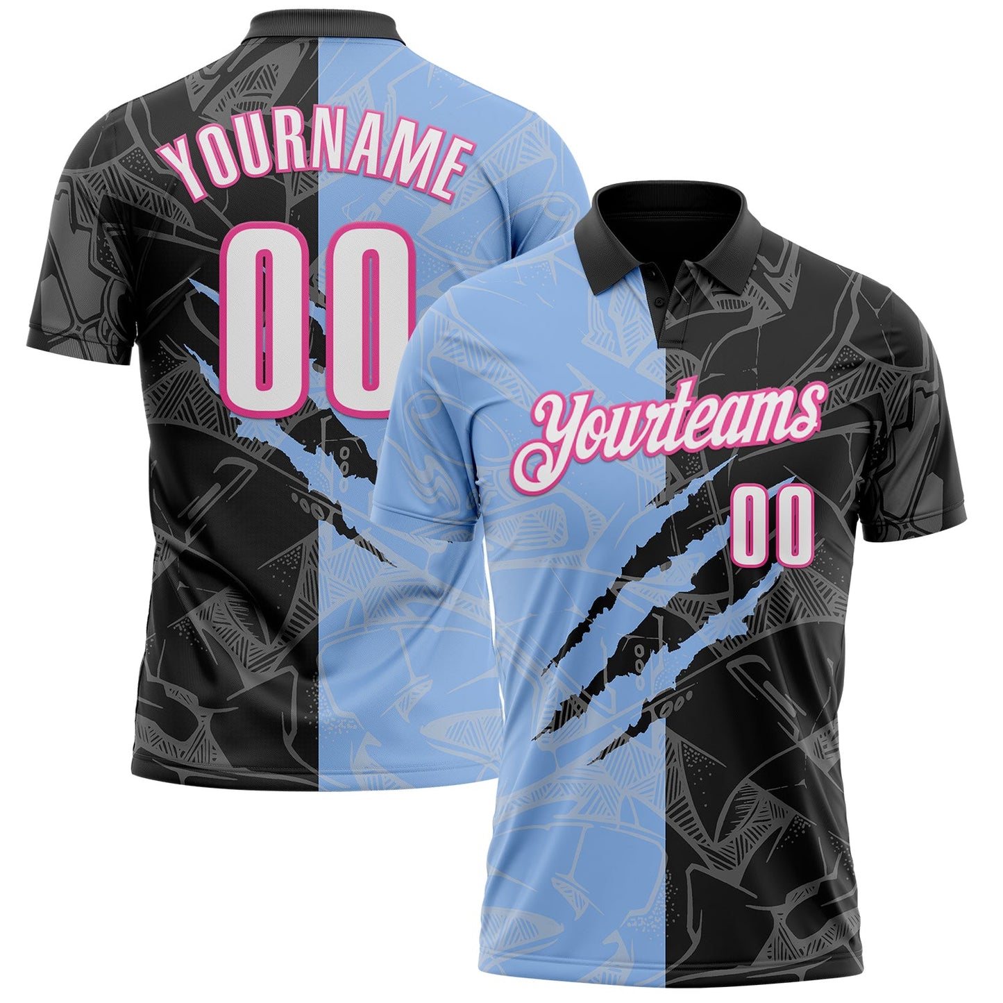 Custom Graffiti Pattern White Black Light Blue-Pink 3D Scratch Performance Polo Shirt - Main View