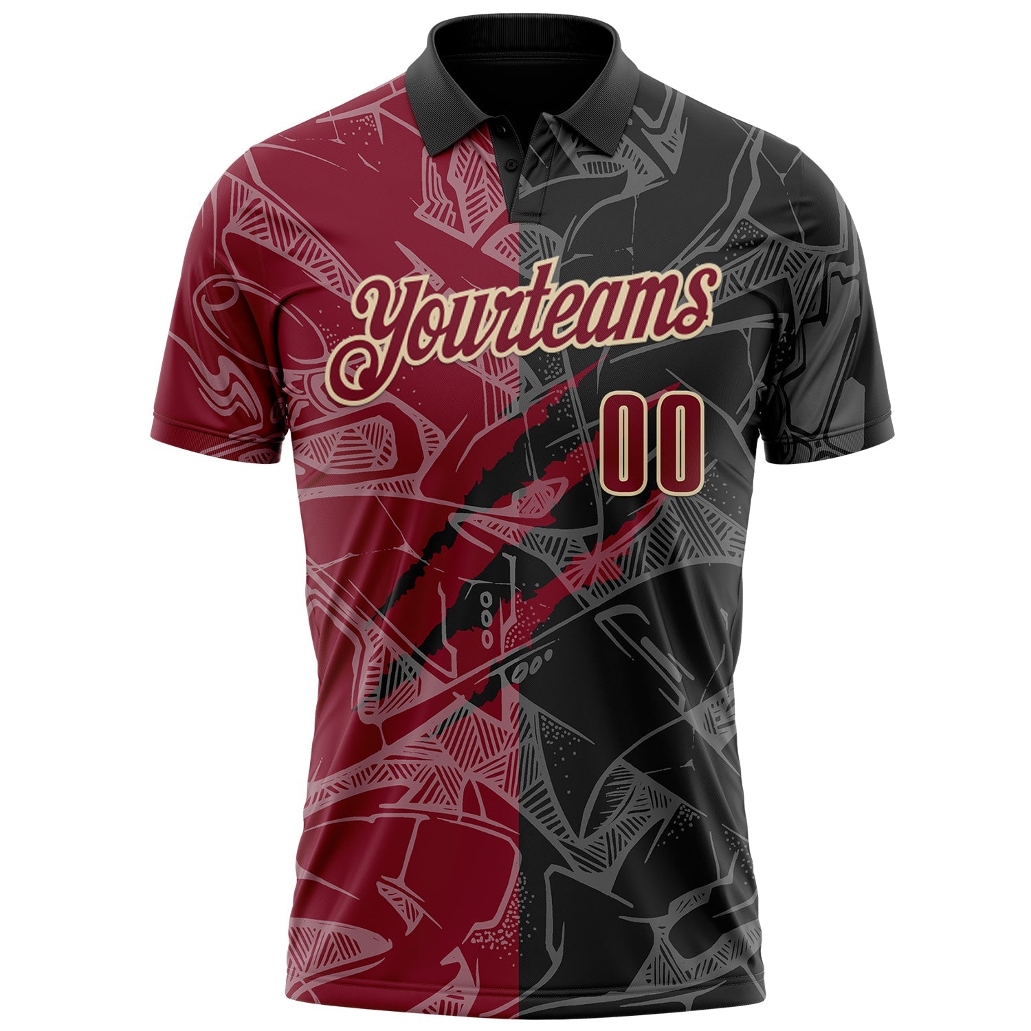 Custom Graffiti Pattern Crimson Black-Cream 3D Scratch Performance Polo Shirt view 2