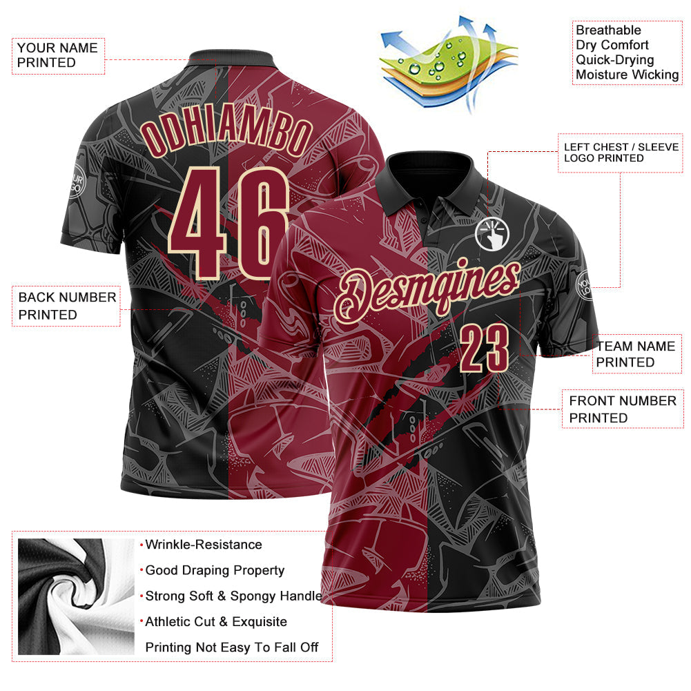 Custom Graffiti Pattern Crimson Black-Cream 3D Scratch Performance Polo Shirt view 3