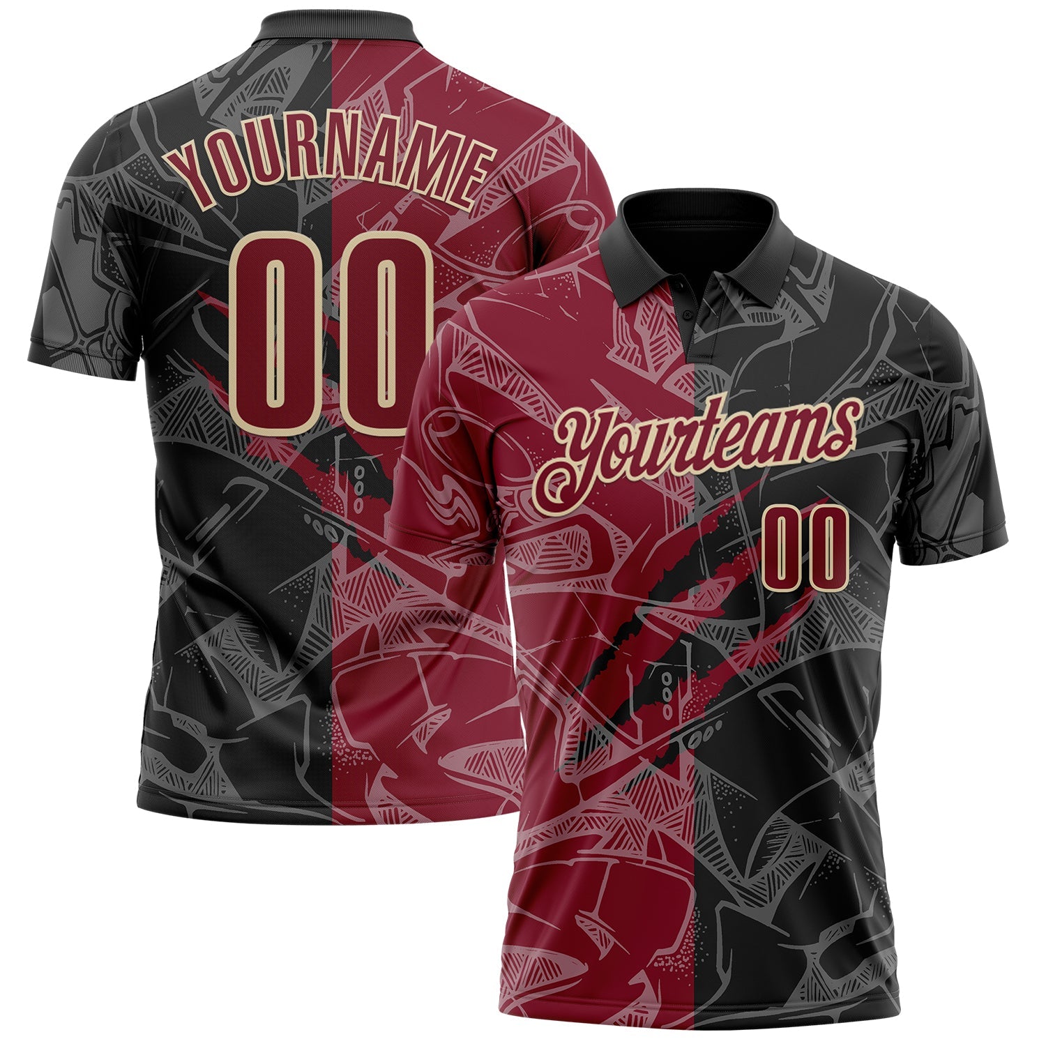 Custom Graffiti Pattern Crimson Black-Cream 3D Scratch Performance Polo Shirt - Main View