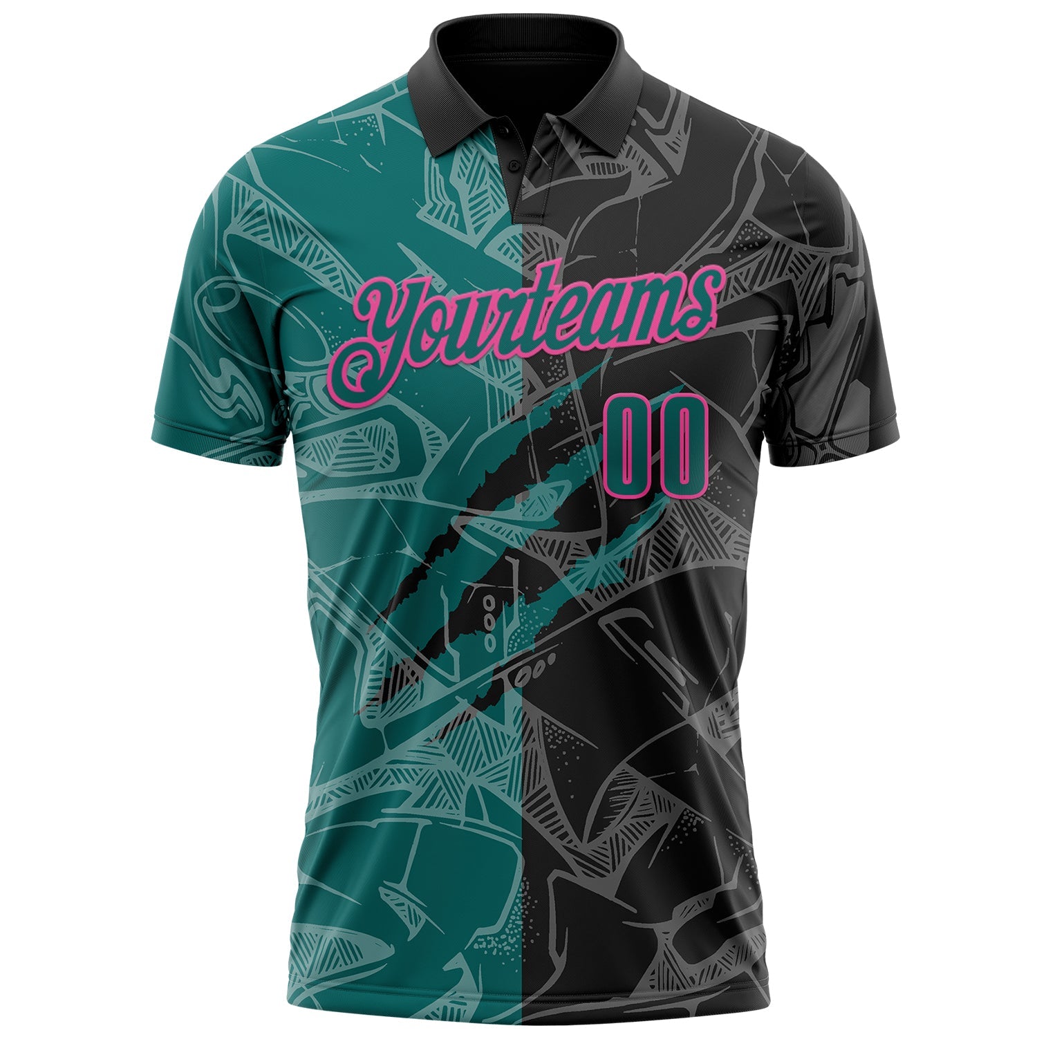 Custom Graffiti Pattern Teal Black-Pink 3D Scratch Performance Polo Shirt view 2
