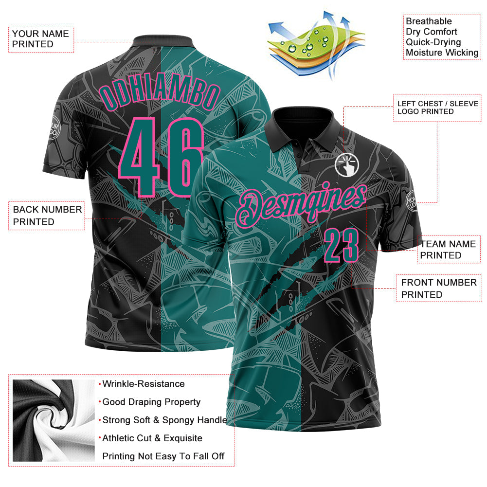 Custom Graffiti Pattern Teal Black-Pink 3D Scratch Performance Polo Shirt view 3