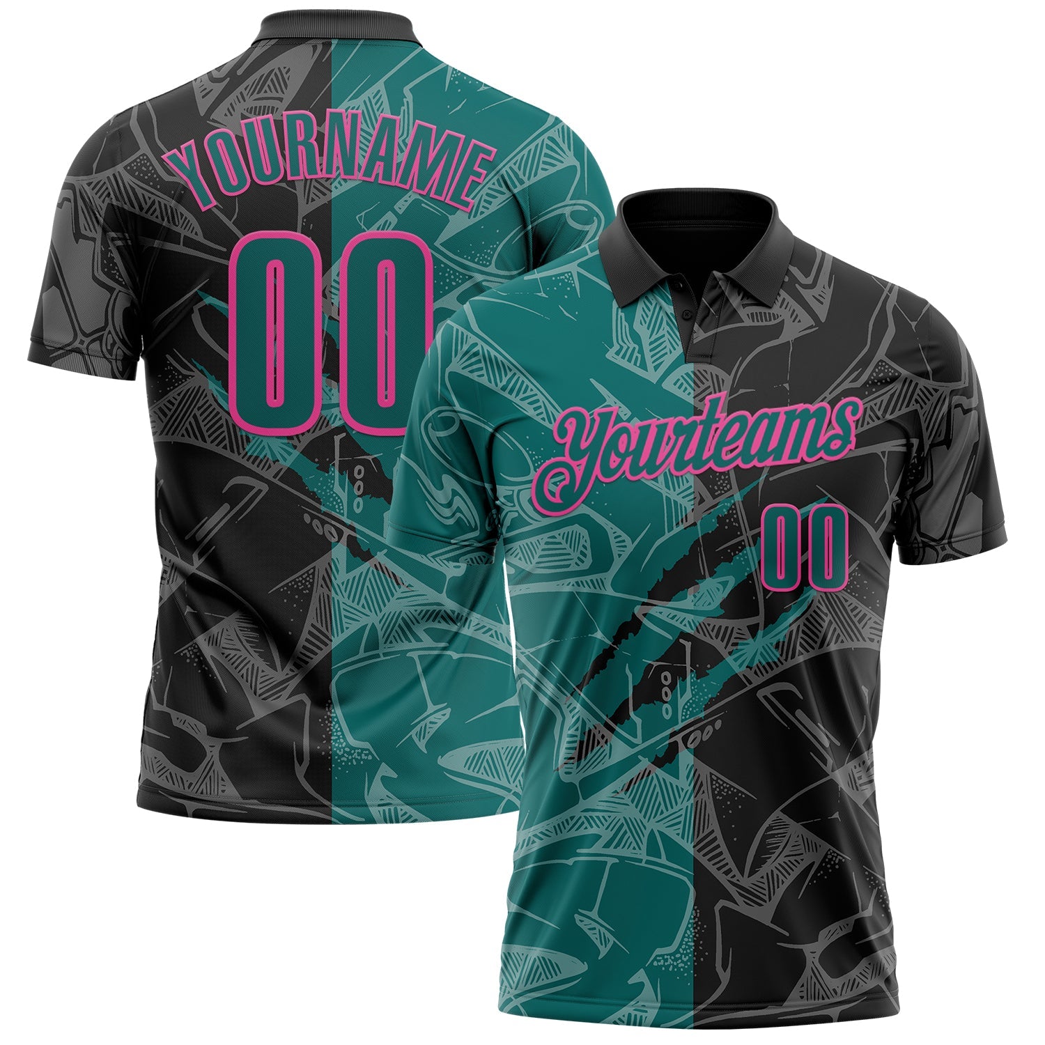 Custom Graffiti Pattern Teal Black-Pink 3D Scratch Performance Polo Shirt - Main View