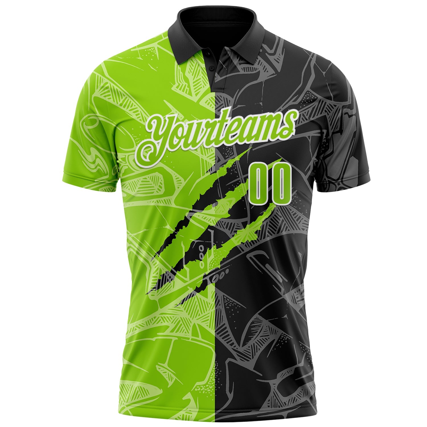 Custom Graffiti Pattern Neon Green Black-White 3D Scratch Performance Polo Shirt view 2