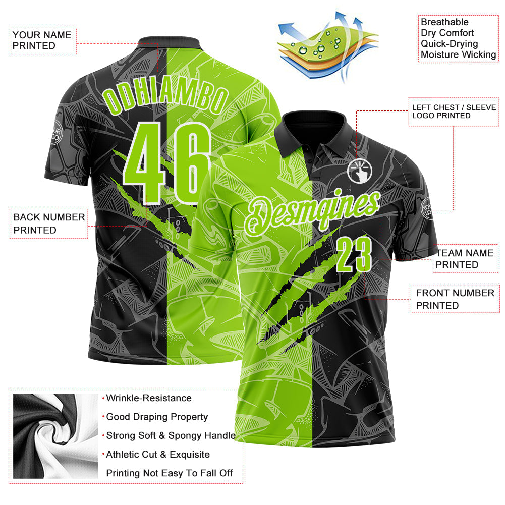 Custom Graffiti Pattern Neon Green Black-White 3D Scratch Performance Polo Shirt view 3