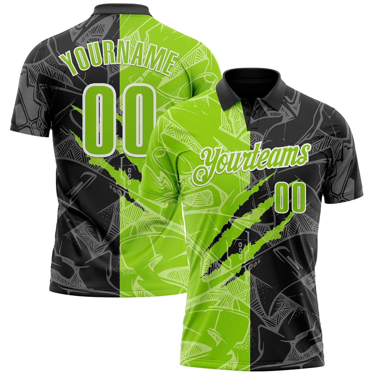 Custom Graffiti Pattern Neon Green Black-White 3D Scratch Performance Polo Shirt - Main View