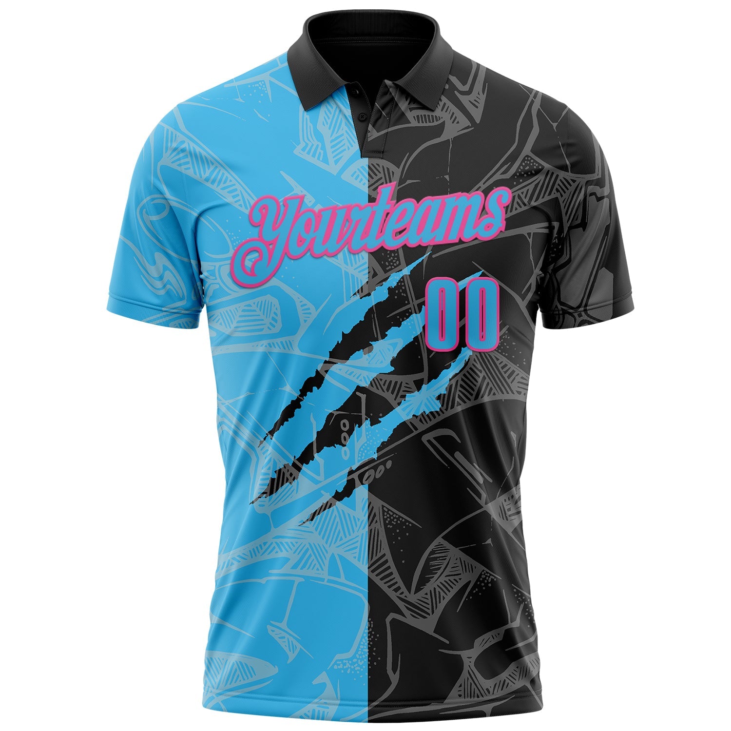 Custom Graffiti Pattern Sky Blue Black-Pink 3D Scratch Performance Polo Shirt view 2