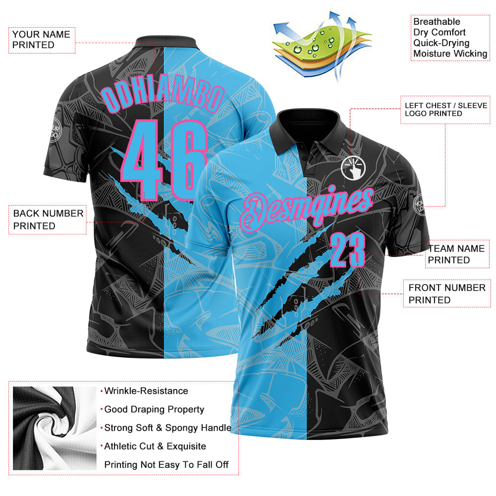 Custom Graffiti Pattern Sky Blue Black-Pink 3D Scratch Performance Polo Shirt view 3