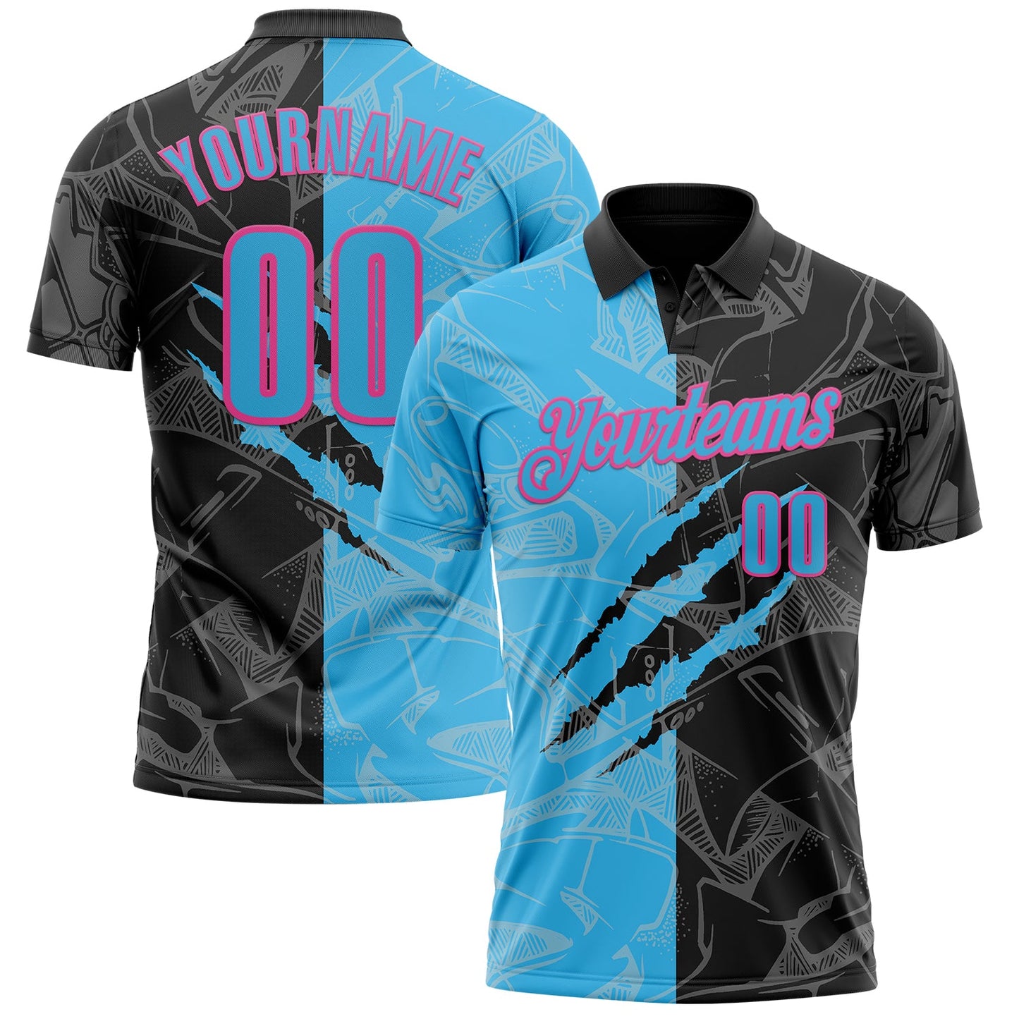 Custom Graffiti Pattern Sky Blue Black-Pink 3D Scratch Performance Polo Shirt - Main View