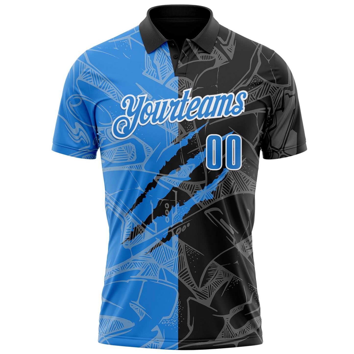 Custom Graffiti Pattern Electric Blue Black-White 3D Scratch Performance Polo Shirt view 2
