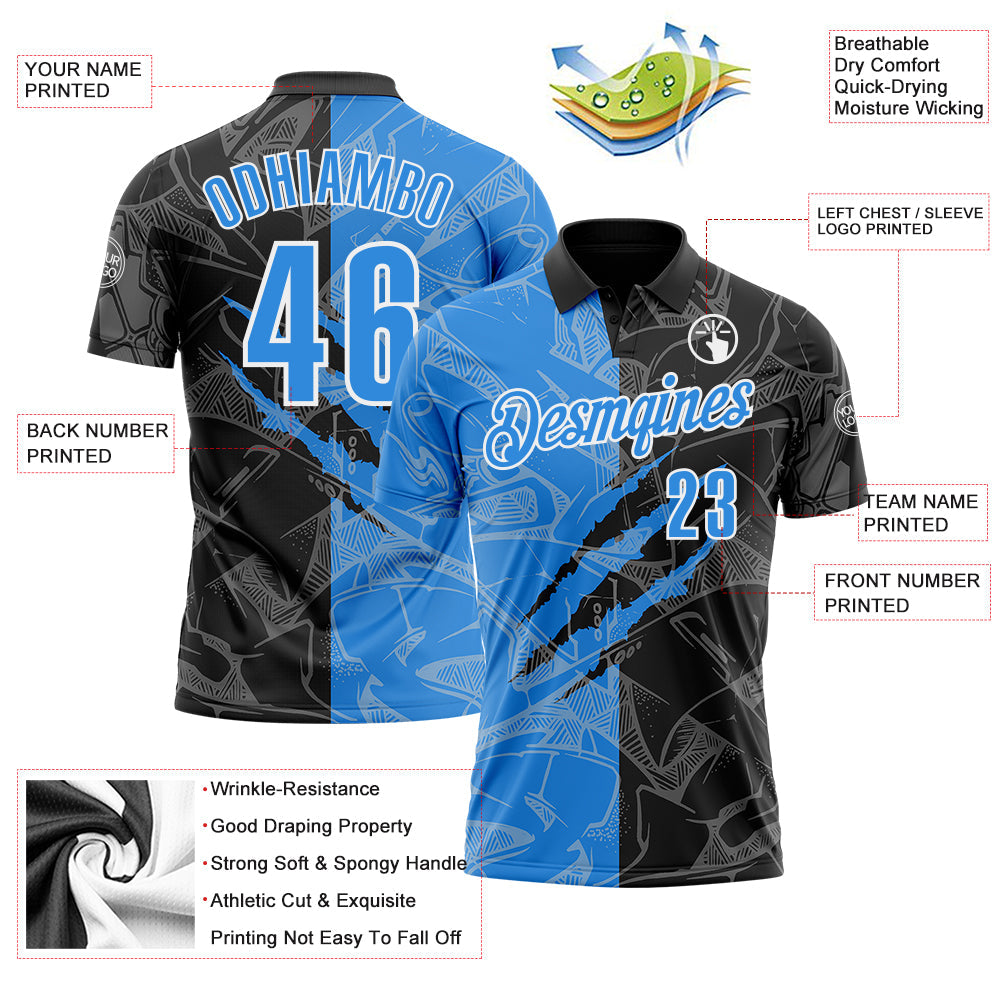 Custom Graffiti Pattern Electric Blue Black-White 3D Scratch Performance Polo Shirt view 3