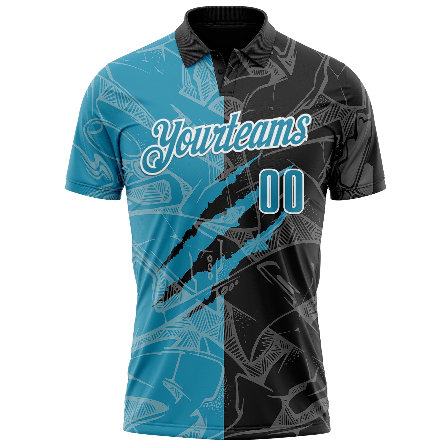 Custom Graffiti Pattern Panther Blue Black-White 3D Scratch Performance Polo Shirt view 2
