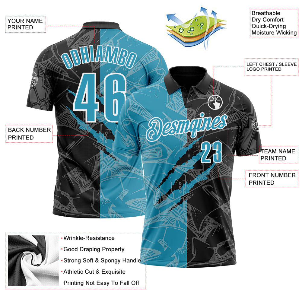 Custom Graffiti Pattern Panther Blue Black-White 3D Scratch Performance Polo Shirt view 3