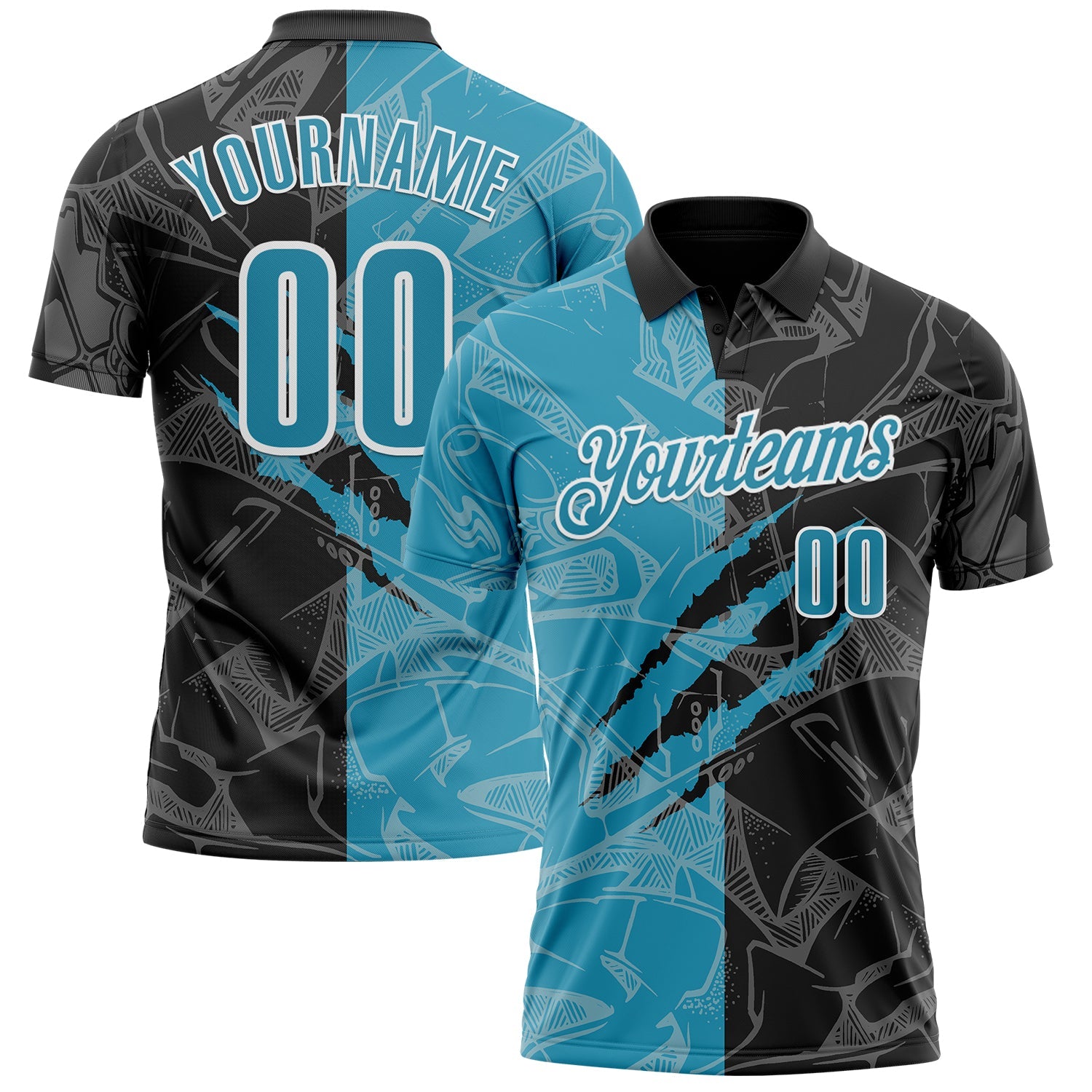 Custom Graffiti Pattern Panther Blue Black-White 3D Scratch Performance Polo Shirt - Main View