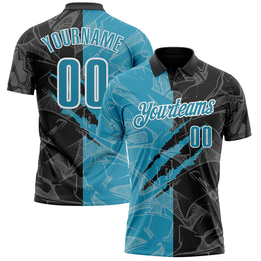 Custom Graffiti Pattern Panther Blue Black-White 3D Scratch Performance Polo Shirt - Main View
