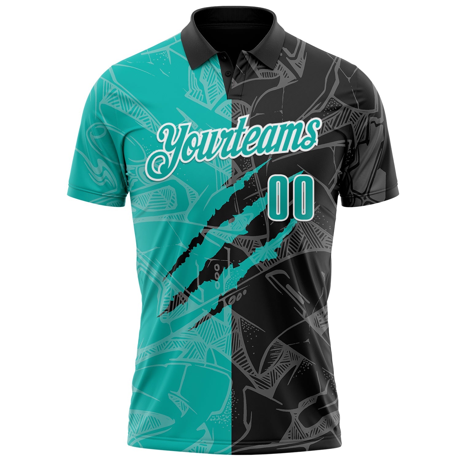 Custom Graffiti Pattern Aqua Black-White 3D Scratch Performance Polo Shirt view 2