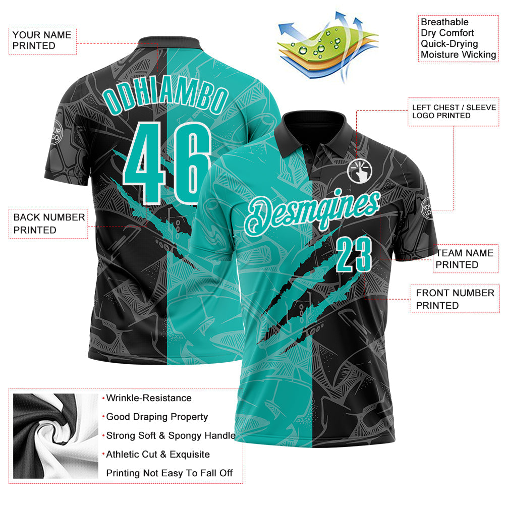 Custom Graffiti Pattern Aqua Black-White 3D Scratch Performance Polo Shirt view 3