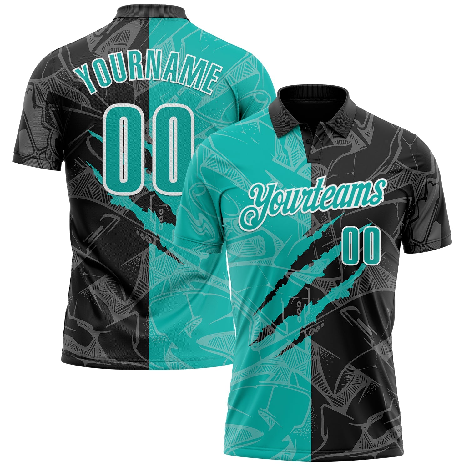 Custom Graffiti Pattern Aqua Black-White 3D Scratch Performance Polo Shirt - Main View
