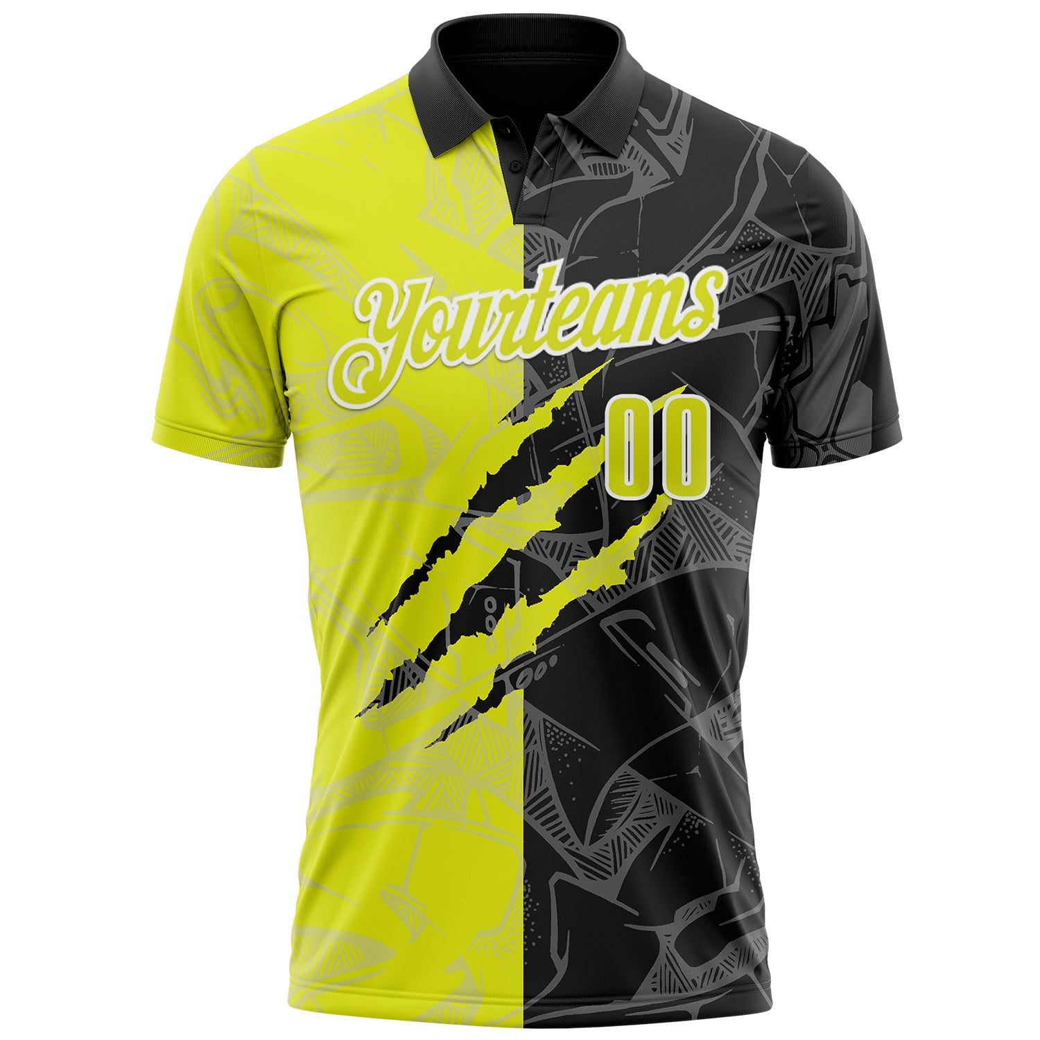 Custom Graffiti Pattern Neon Yellow Black-White 3D Scratch Performance Polo Shirt view 2