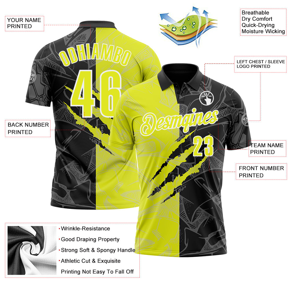 Custom Graffiti Pattern Neon Yellow Black-White 3D Scratch Performance Polo Shirt view 3