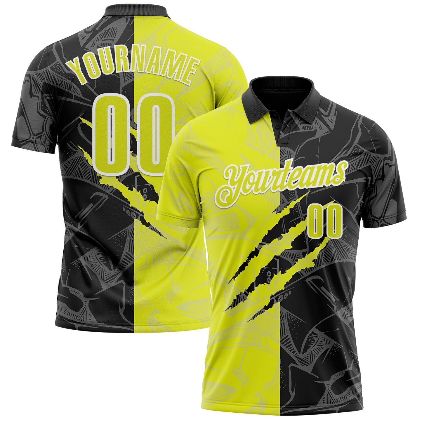 Custom Graffiti Pattern Neon Yellow Black-White 3D Scratch Performance Polo Shirt - Main View