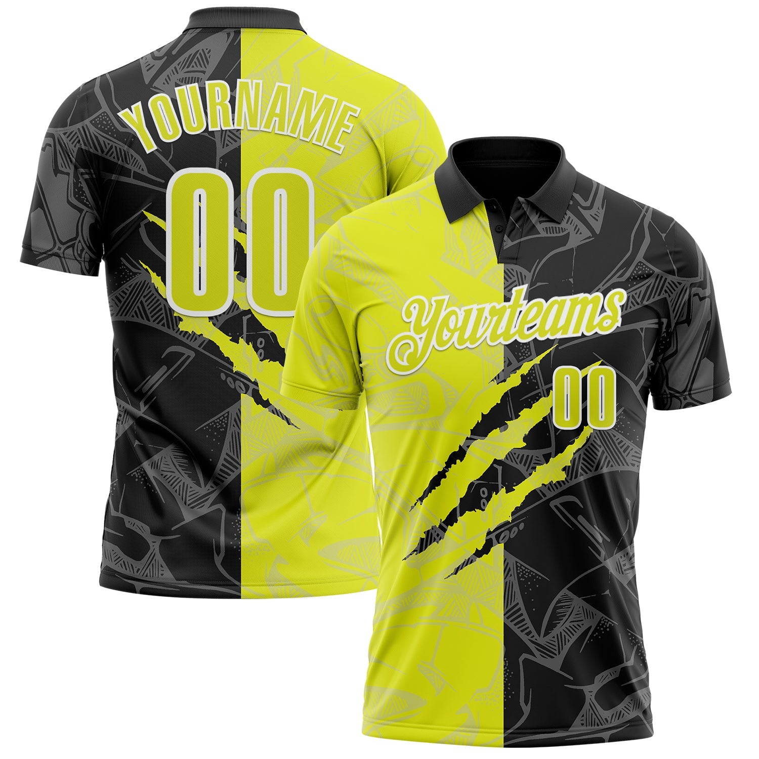 Custom Graffiti Pattern Neon Yellow Black-White 3D Scratch Performance Polo Shirt - Main View