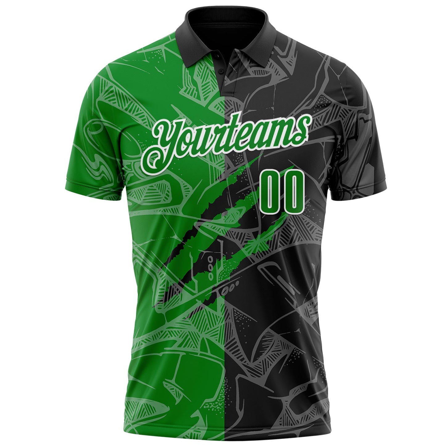 Custom Graffiti Pattern Grass Green Black-White 3D Scratch Performance Polo Shirt view 2
