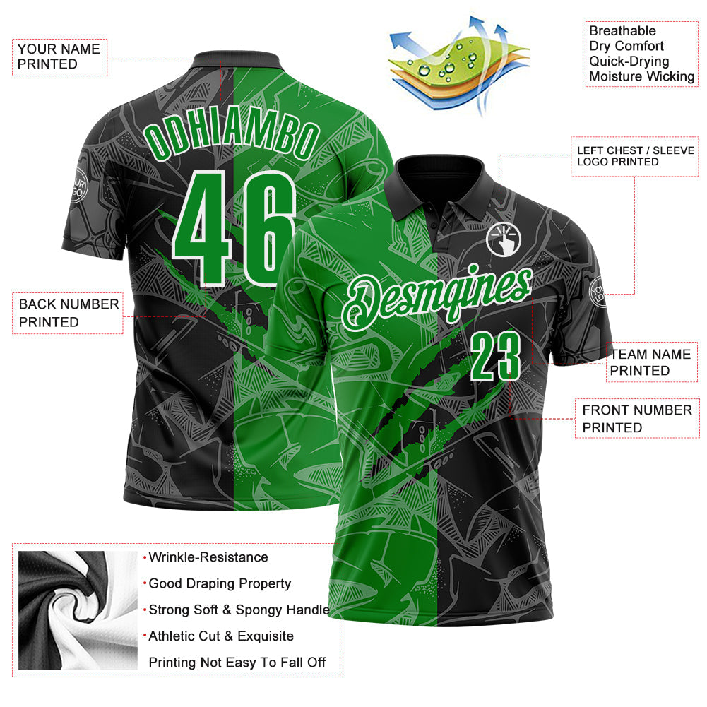 Custom Graffiti Pattern Grass Green Black-White 3D Scratch Performance Polo Shirt view 3