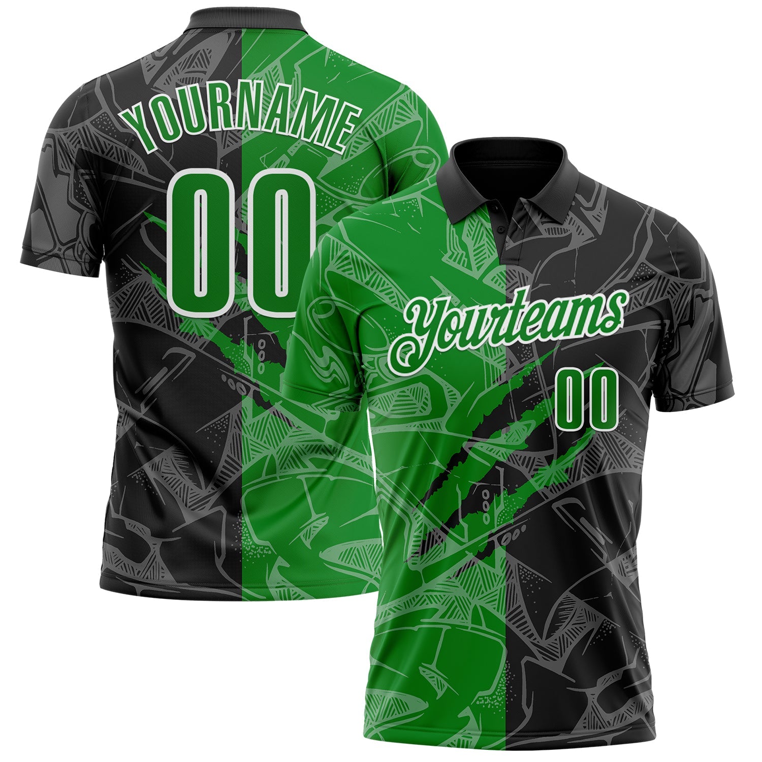 Custom Graffiti Pattern Grass Green Black-White 3D Scratch Performance Polo Shirt - Main View