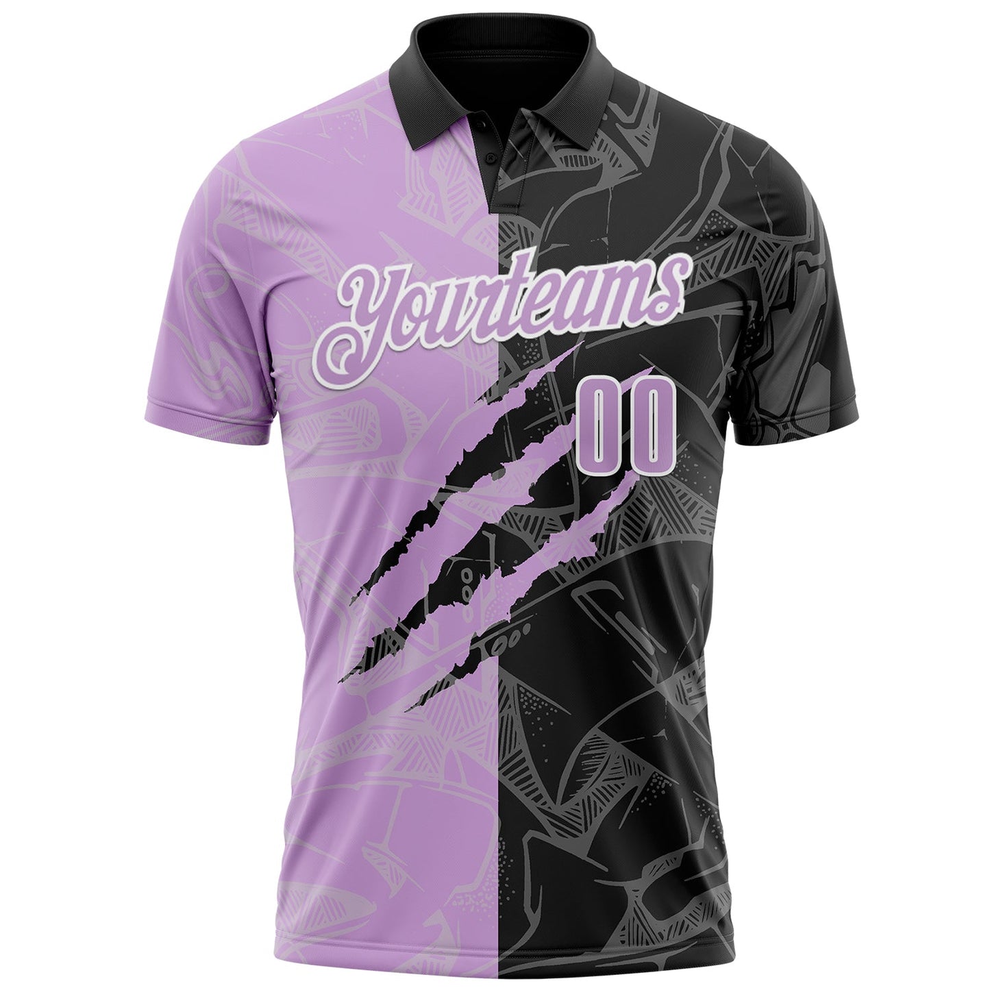Custom Graffiti Pattern Light Purple Black-White 3D Scratch Performance Polo Shirt view 2